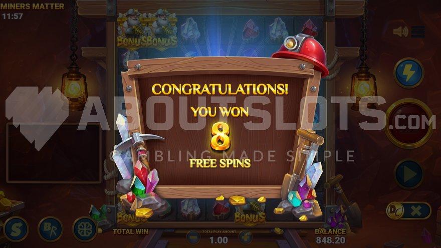 A screen congratulating to 8 Free Spins.