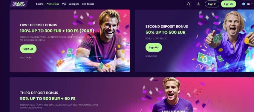 The ReadyCasino welcome bonus thumbnail shows the percentage bonus for the first, second, and third deposits with an animated illustration of men smiling with thumbs up. 