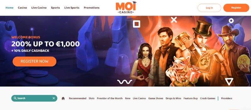 This is the main page for MoiCasino. The welcome offer of 200% up to 1,000 EUR is displayed at the left, and game characters are shown on the right.