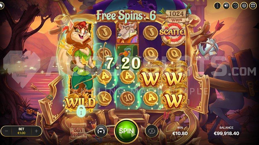 A win of 7.2X the bet when 6 Free Spins remain.