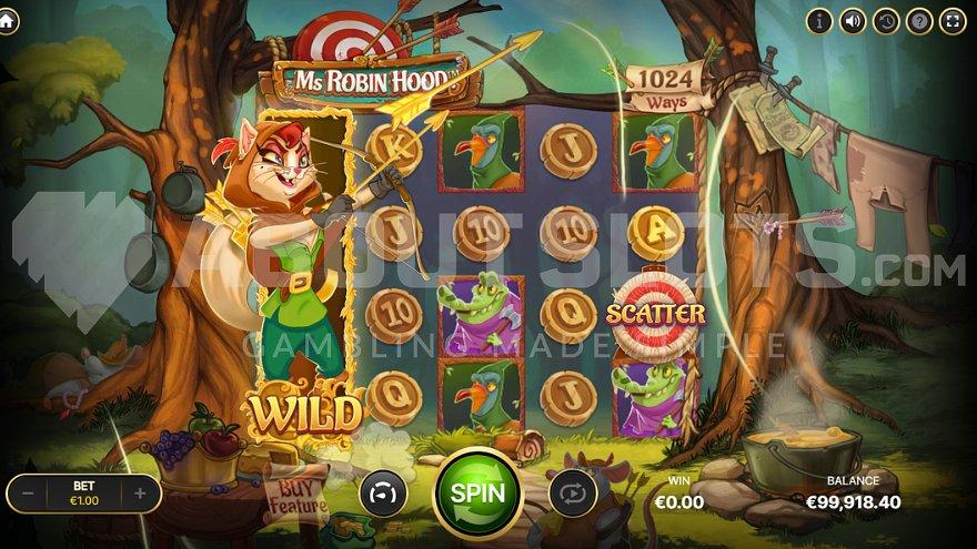 The Robin Wild on the first reel and the Scatter Symbol on the fifth trigger the Free Spins.