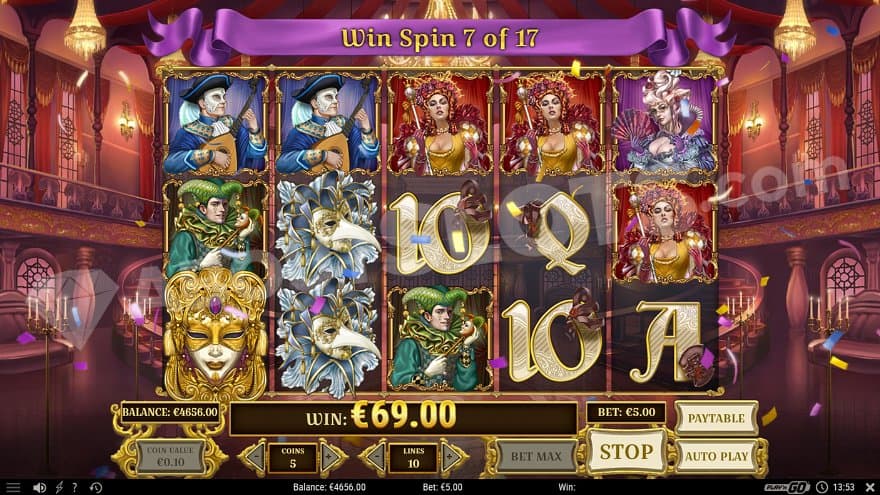 A win of €69 on spin 7 of 17 in the free spins.