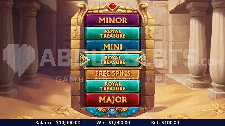 A wheel displaying Jackpots, Free Spins, and the Royal Treasure Feature. 