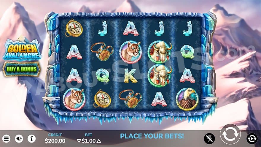 A five reels slot with in a snowy mountain landscape.