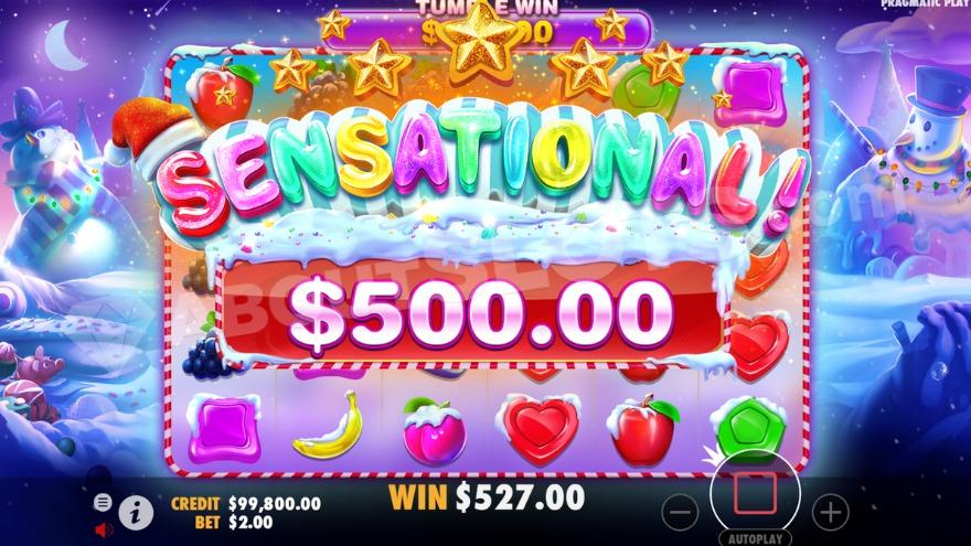 An image of the big win screen, showing a $500 win