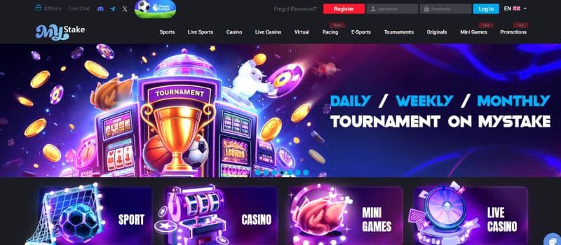 Main page for MyStake Casino with a menu on the top.