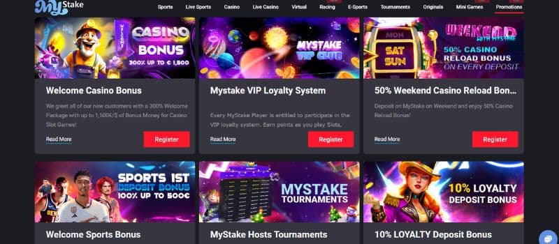 MyStake offers several bonuses, including a welcome casino bonus and a 50% weekend casino reload bonus.