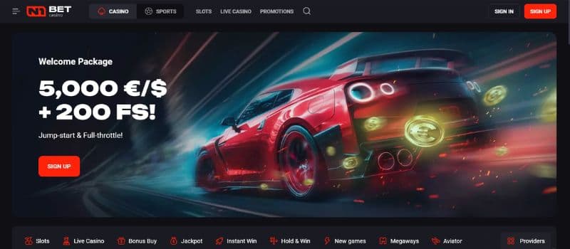 The landing page for N1 Bet Casino features a red car at the center and a welcome package offering up to 5,000 EUR + 200 free spins.