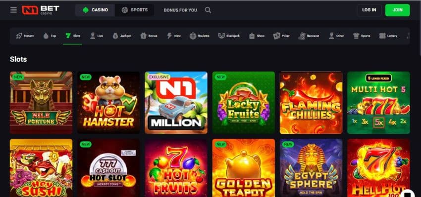 N1 Bet Casino's slot games section, showing titles such as Egypt Sphere and other impressive games.