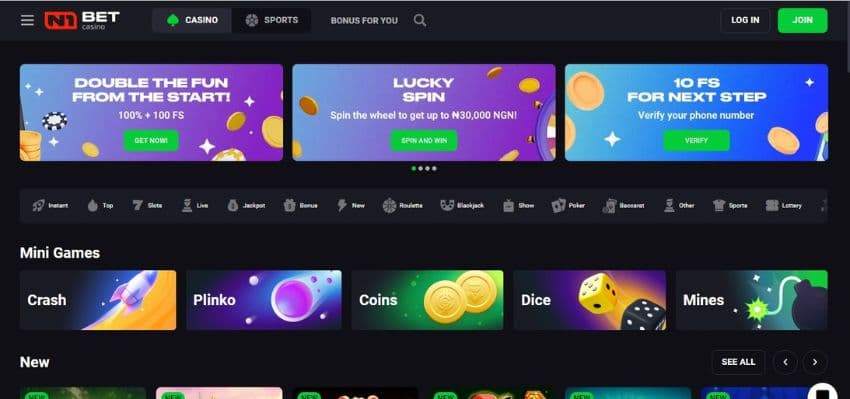 N1 Bet Casino's homepage, showing the bonus banners and game categories.