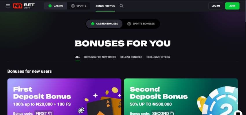 N1 Bet Casino's promotions page, showing the first and second deposit welcome bonuses 