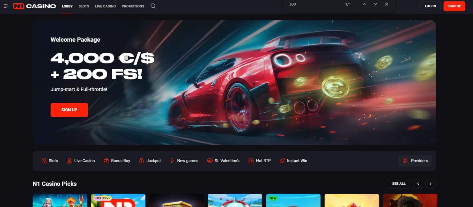 N1 Casino first page with car racing theme