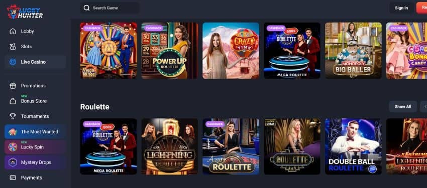 Lucky hunter casino live dealer category with different roulette games thumbnail and a menu sidebar