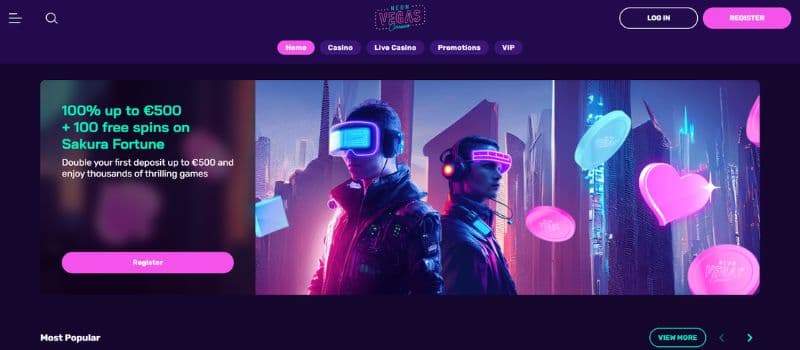 The main page for NeonVegas has a menu at the center top and a log-in and sign-up button at the top right.