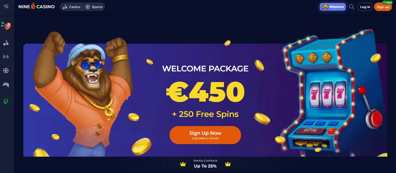 The landing page at Nine Casino shows a box of the welcome offer.