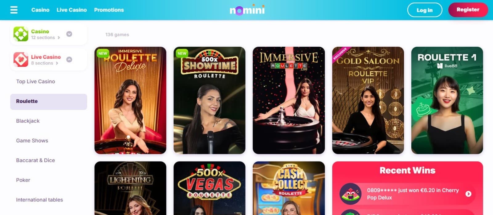 Nomini Casino's live games section, showing variations of roulette.