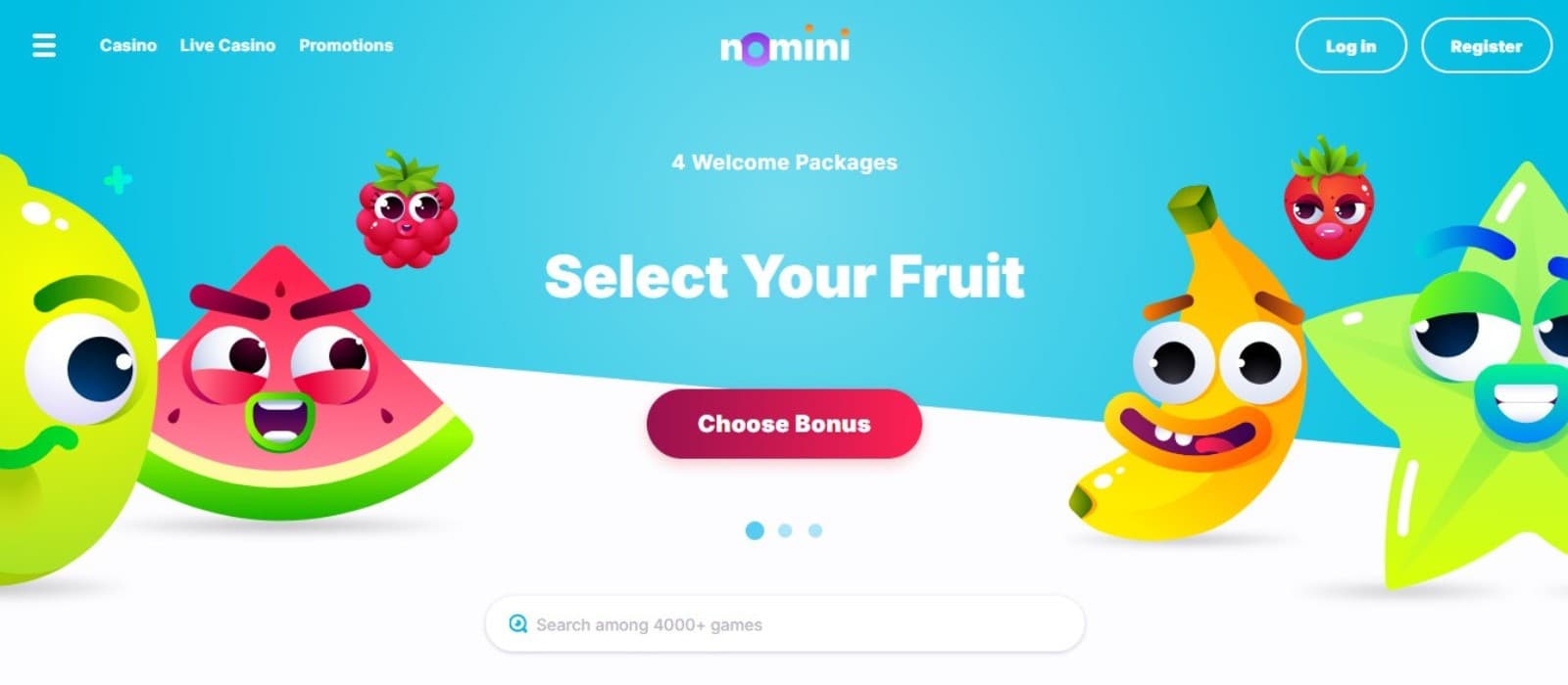 Nomini Casino's homepage, showing fruit game avatars and a search bar.