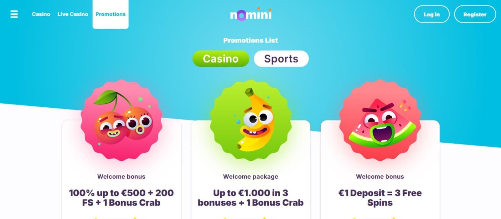 Nomini Casino's promotions page, showing the 3 welcome bonus options.