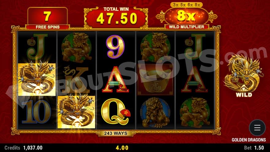 A total win of 47.50 with a wild multiplier of 8X and 7 remaining spins. 