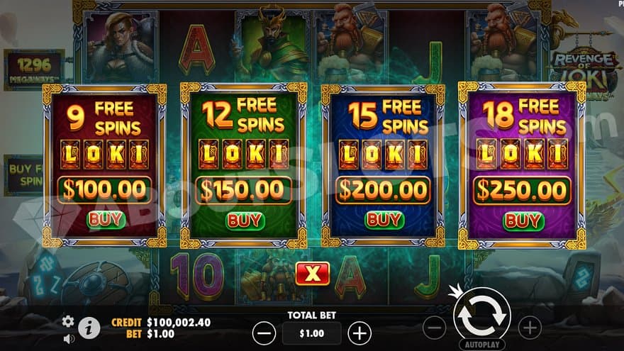 A screen offering the Free Spins in four versions for between 100X and 250X the bet.