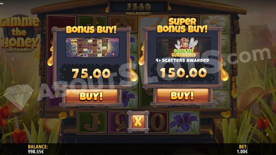 A screen offering the regular Free Spins for 75X the bet and the Super Free Spins for 150X the bet.