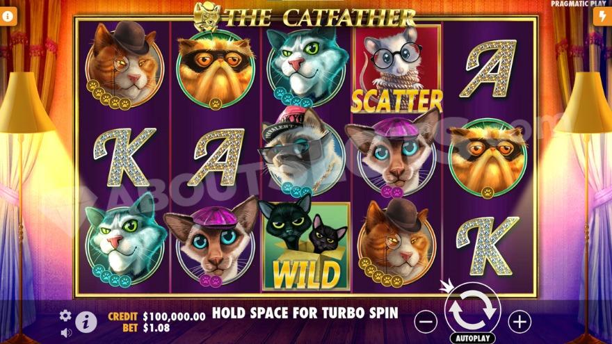 Base game with various cat symbols on the reels.