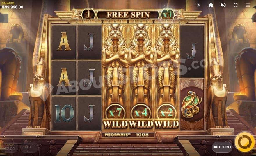 Free Spins bonus game with three expanded wild multipliers.