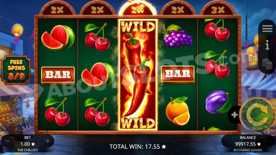 Free Spins bonus game with an expanded wild symbol on the middle reel.