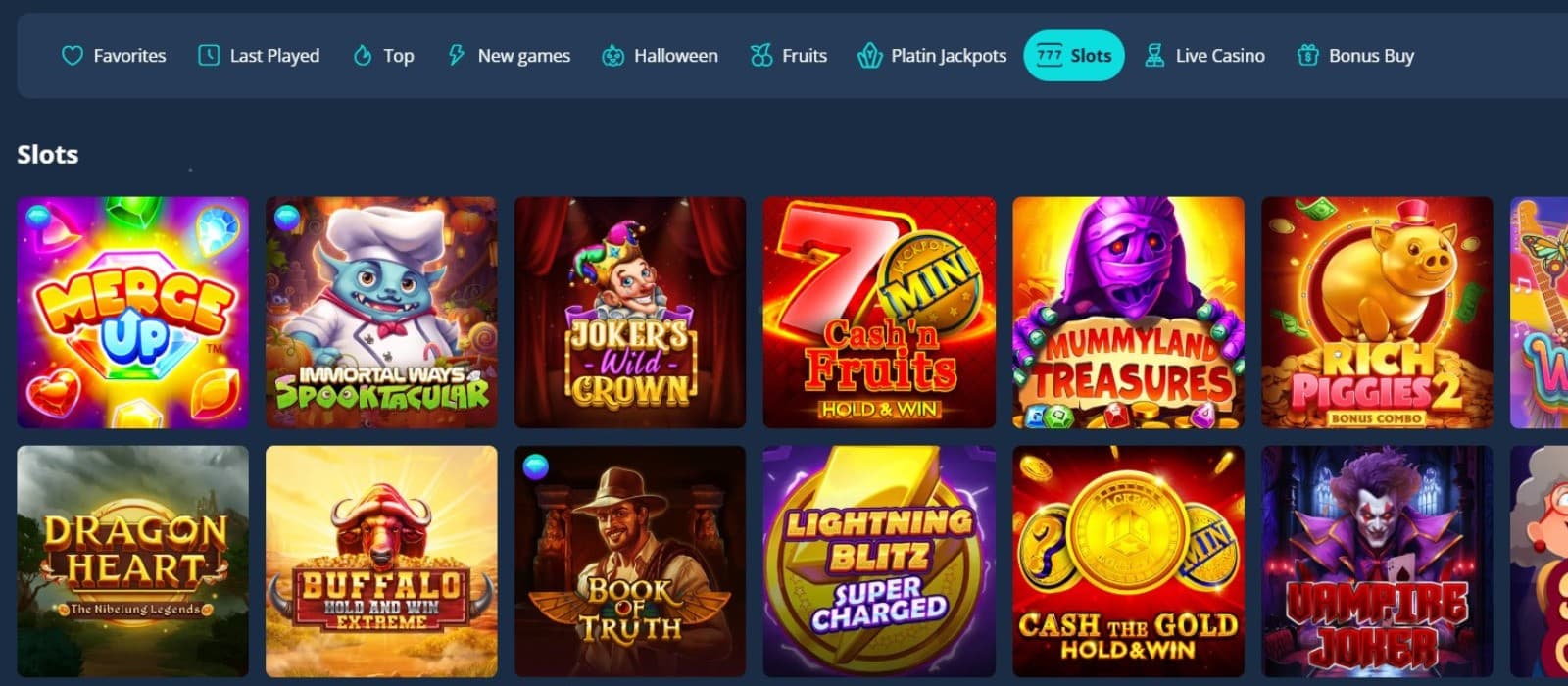 Platin Casino's games page displays the most popular slot titles, such as Merge Up and Joker's Crown.