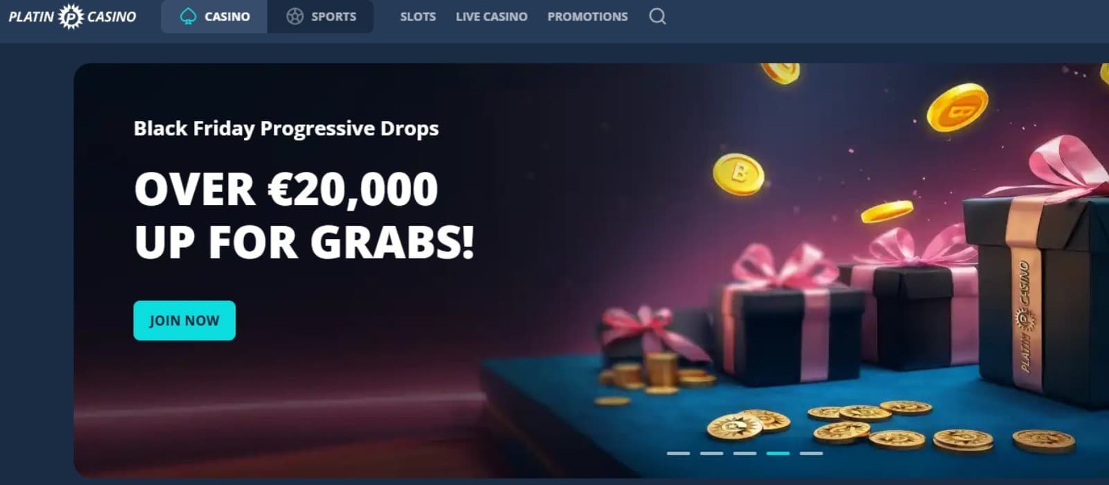 Platin Casino's landing page showcases the Black Friday offer on a dark banner with present boxes.