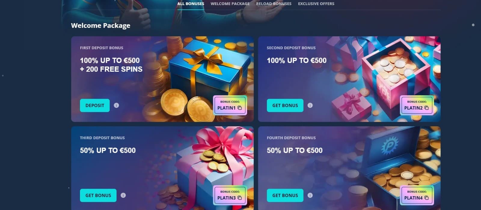 The promotions page of Platin Casino showcases the welcome package spread across the first four deposits.