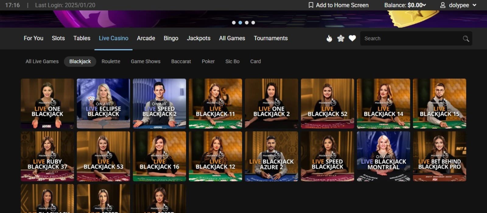 Platinum Play Casino's live games section, showing variations of blackjack.