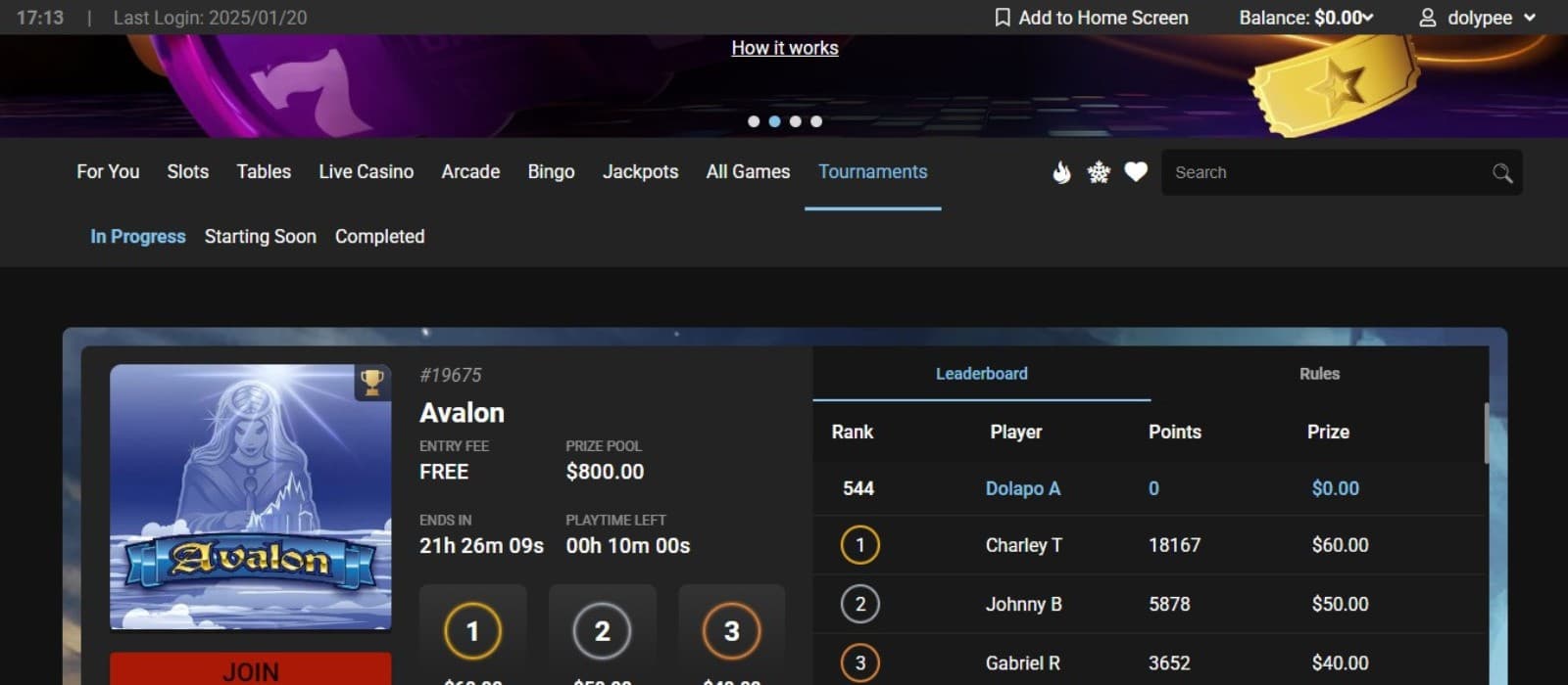 Platinum Play Casino's tournaments page, showing the leaderboard.