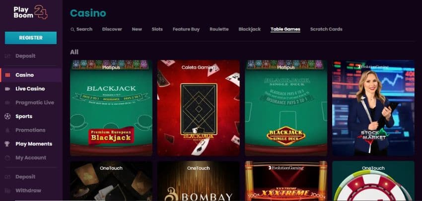 Play Boom 24 Casino's table games category, showing variations of blackjack.