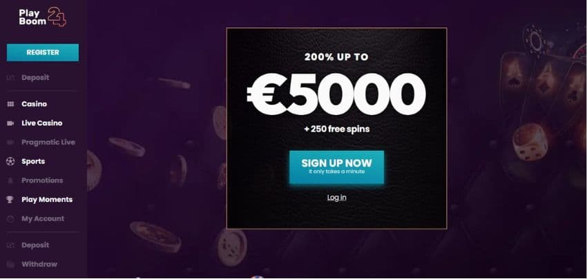 Play Boom 24 Casino's Play Moment's page, showing various games and prize pools.