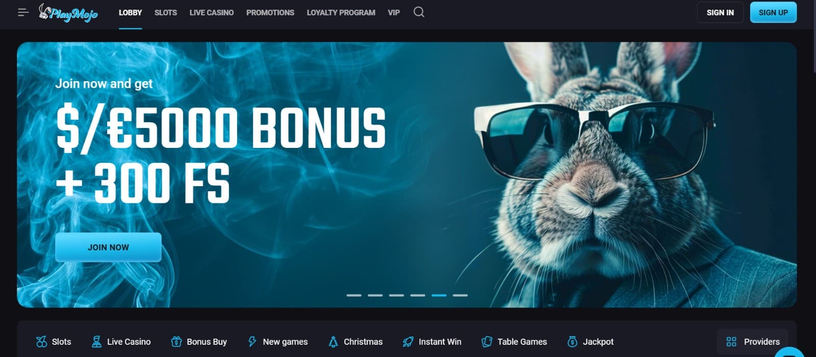 The PlayMojo landing page shows information about the welcome offer on the left and a bunny with sunglasses on the right.