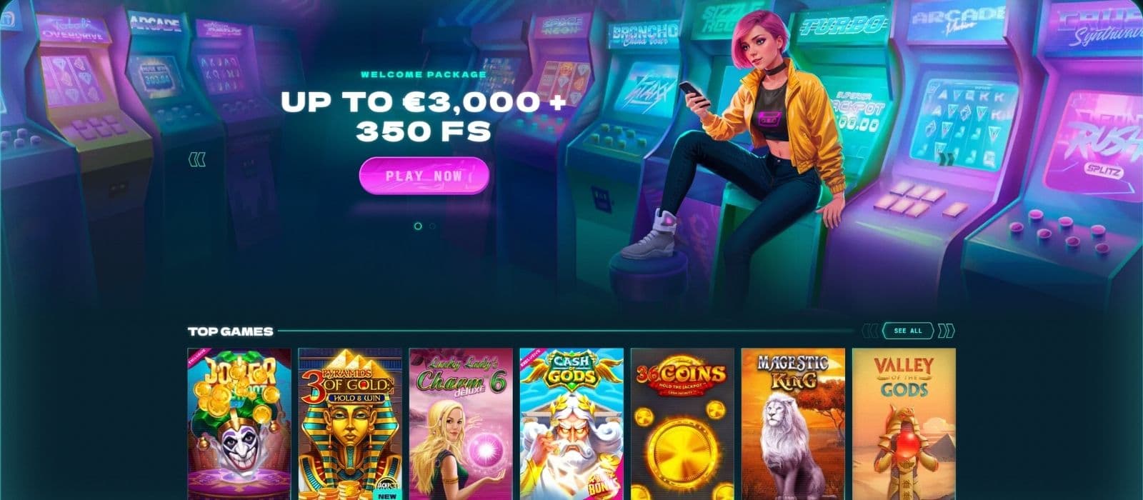 PowerUp Casino landing page showing the casino welcome offer and a few selected slots. 