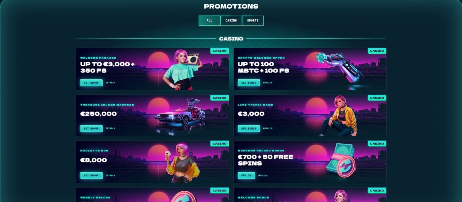 PowerUp Casino promotions page showing the available welcome bonuses and casino and sports betting promotions. 