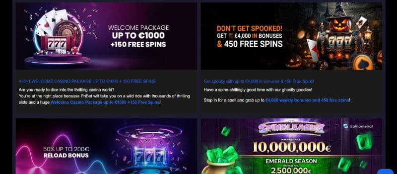 The promotion page with four different offers, including a welcome package worth up to 1000 EUR + 150 free spins.