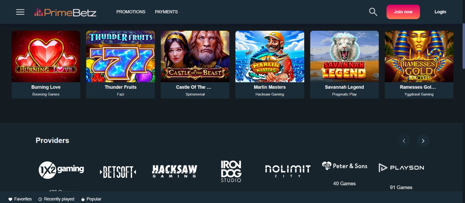 PrimeBetz Casino casino games page with popular titles and providers