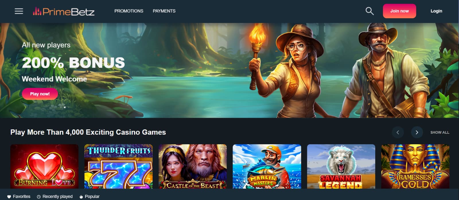 PrimeBetz Casino Landing page with welcome bonus banner with explorers in jungle