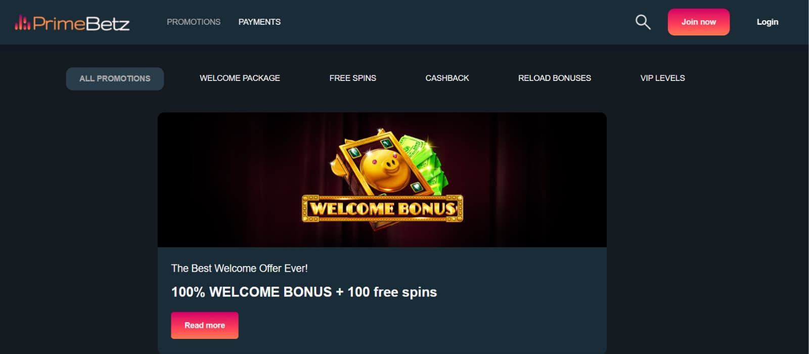 PrimeBetz Casino promotions page with the first welcome bonus offer 