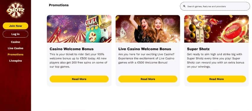 An image showing different promotions on Shotz Casino, including Casino welcome bonus and Super Shotz
