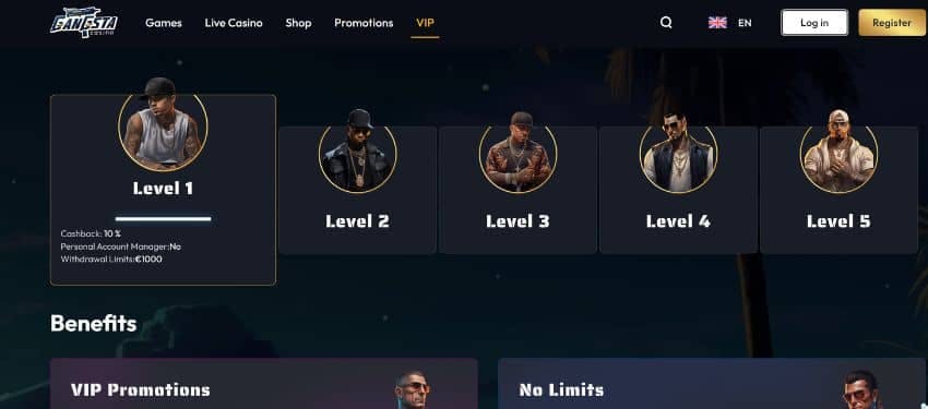 Gangsta casino VIP page showing the different levels with an animated gangsta head.