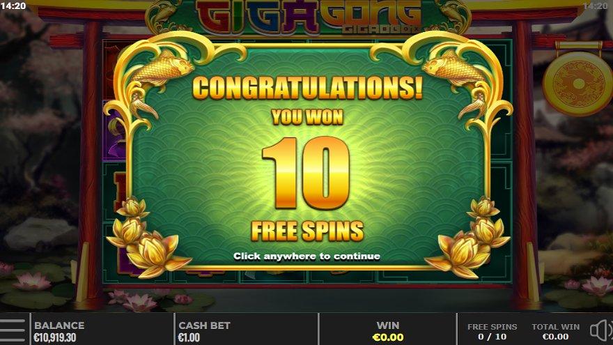 A screen saying: "Congratulations, you won 10 Free Spins." 