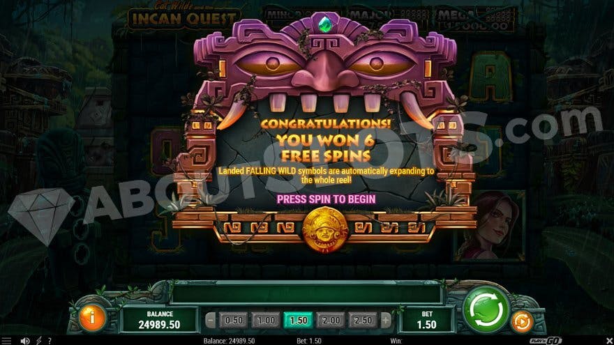 Intro to the free spins bonus game, where six free spins are given.