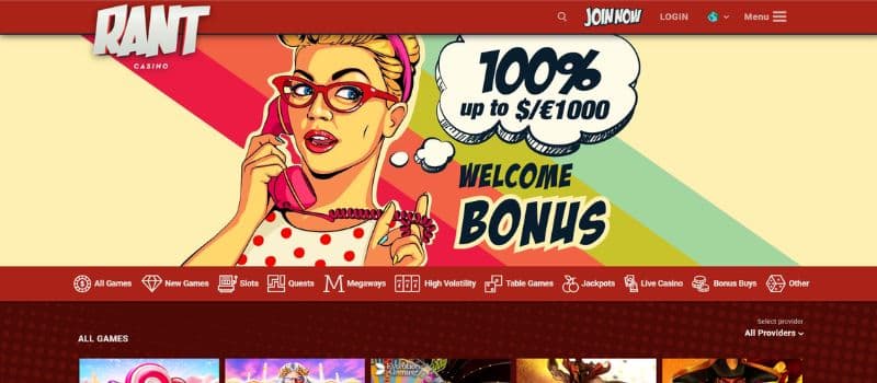 Rant Casino’s landing page shows a welcome bonus of 100% up to 1,000 EUR.