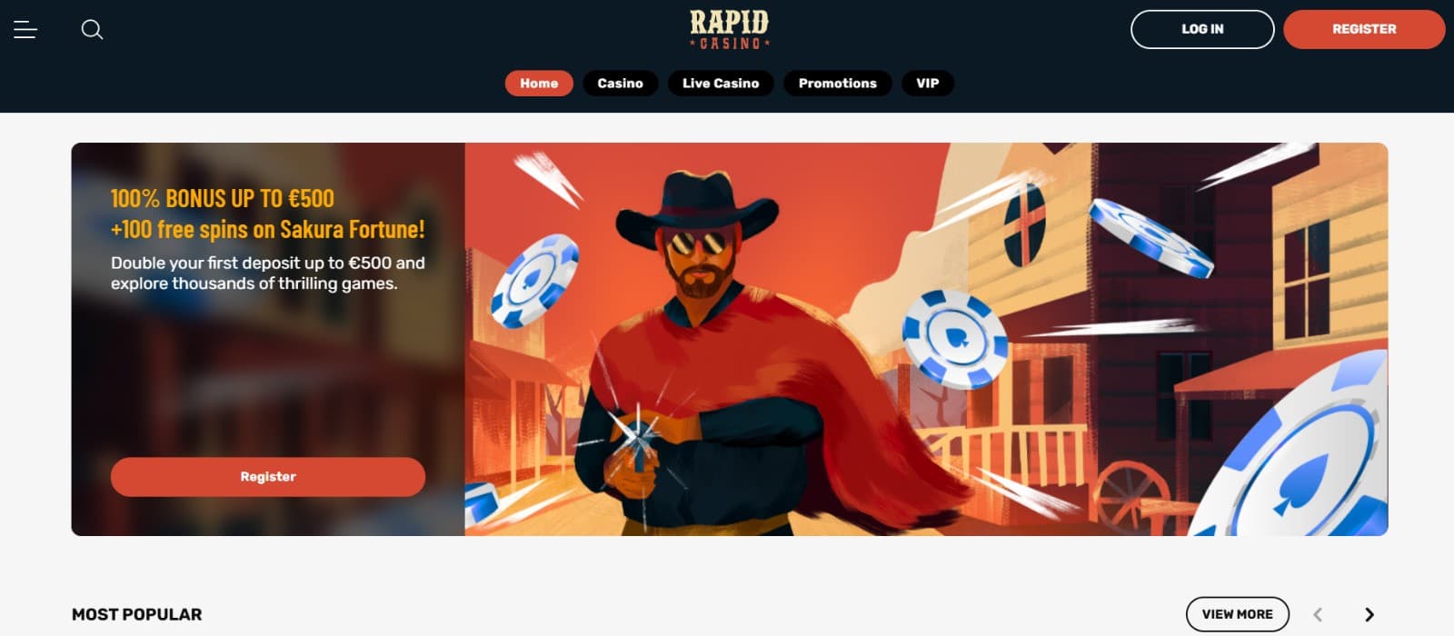 Rapid Casino landing page with the option to sign up or log in.