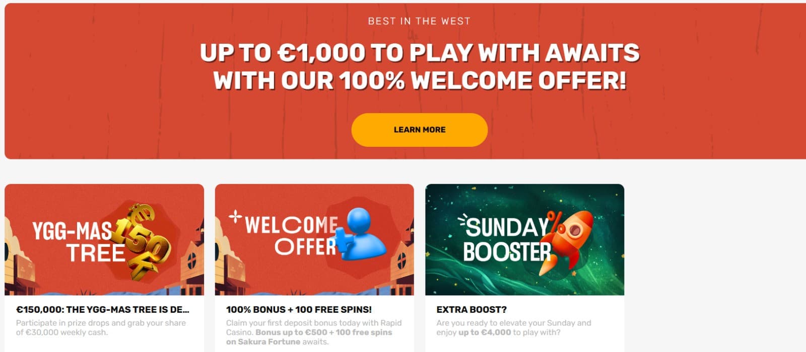 The promotion page at Rapid Casino offers several bonuses.