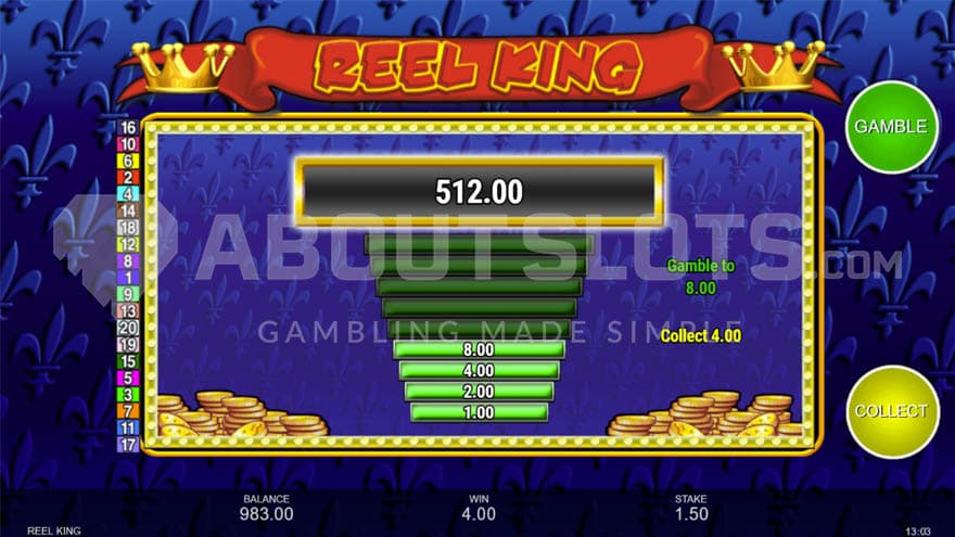 Gamble feature showing a possibility to gamble up to 512.00.